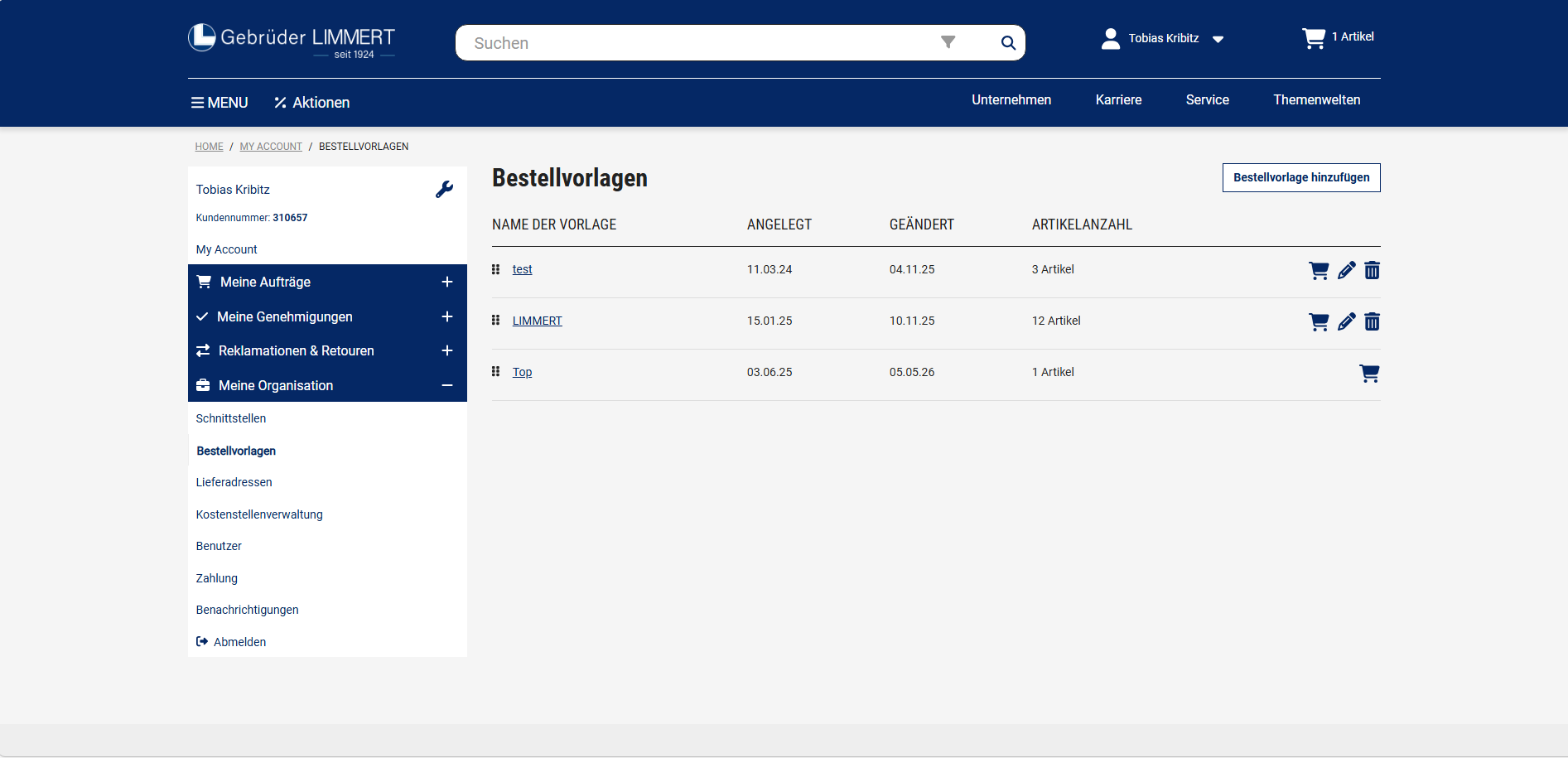 Übersicht der Bestellvorlagen im myAccount-Bereich