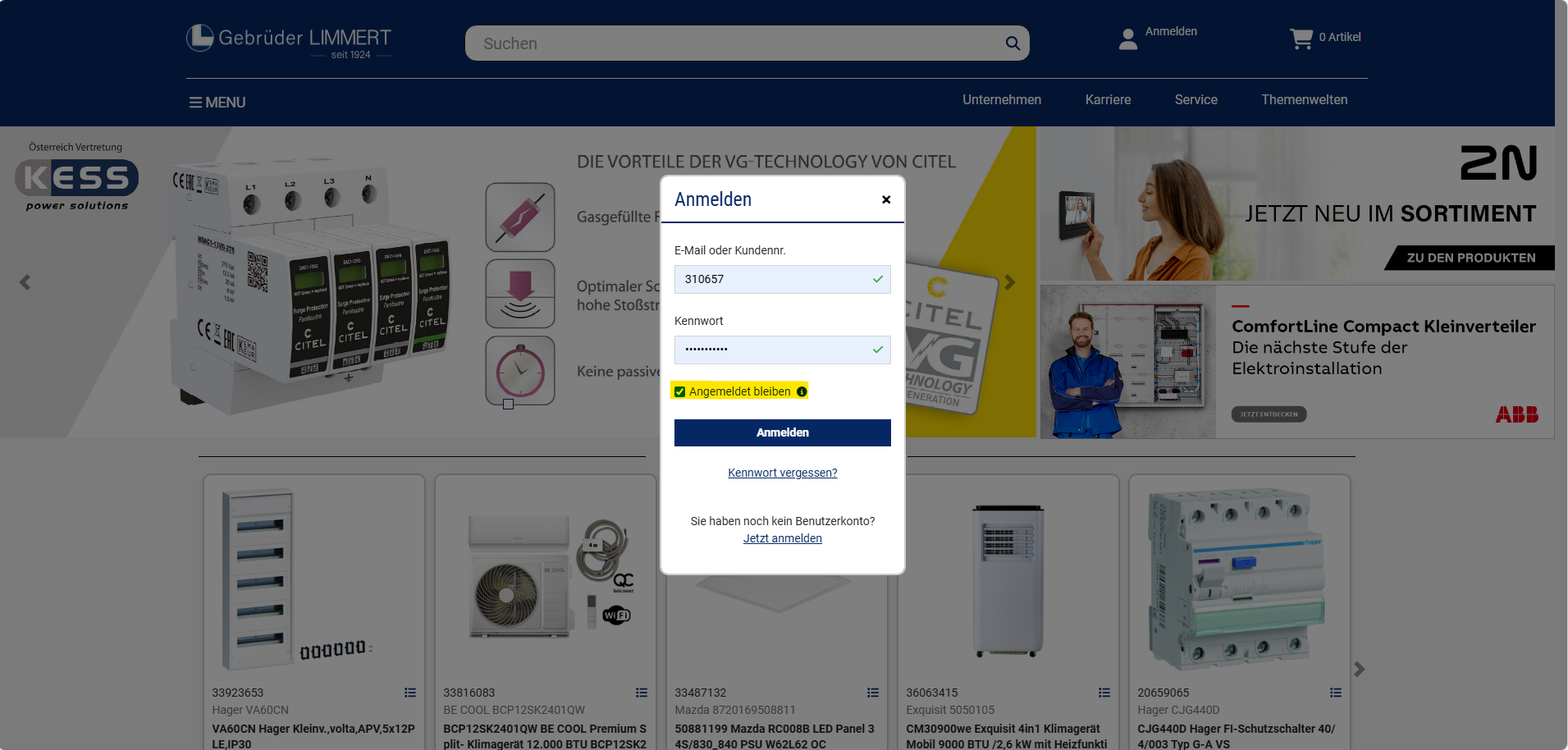 Login-Dialog mit Angemeldet bleiben Häkchen