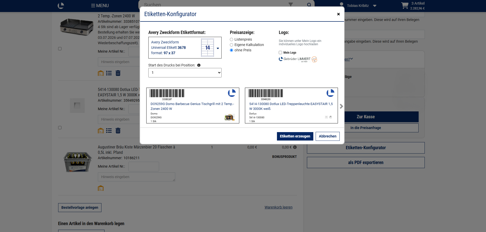 Etiketten ohne Preis