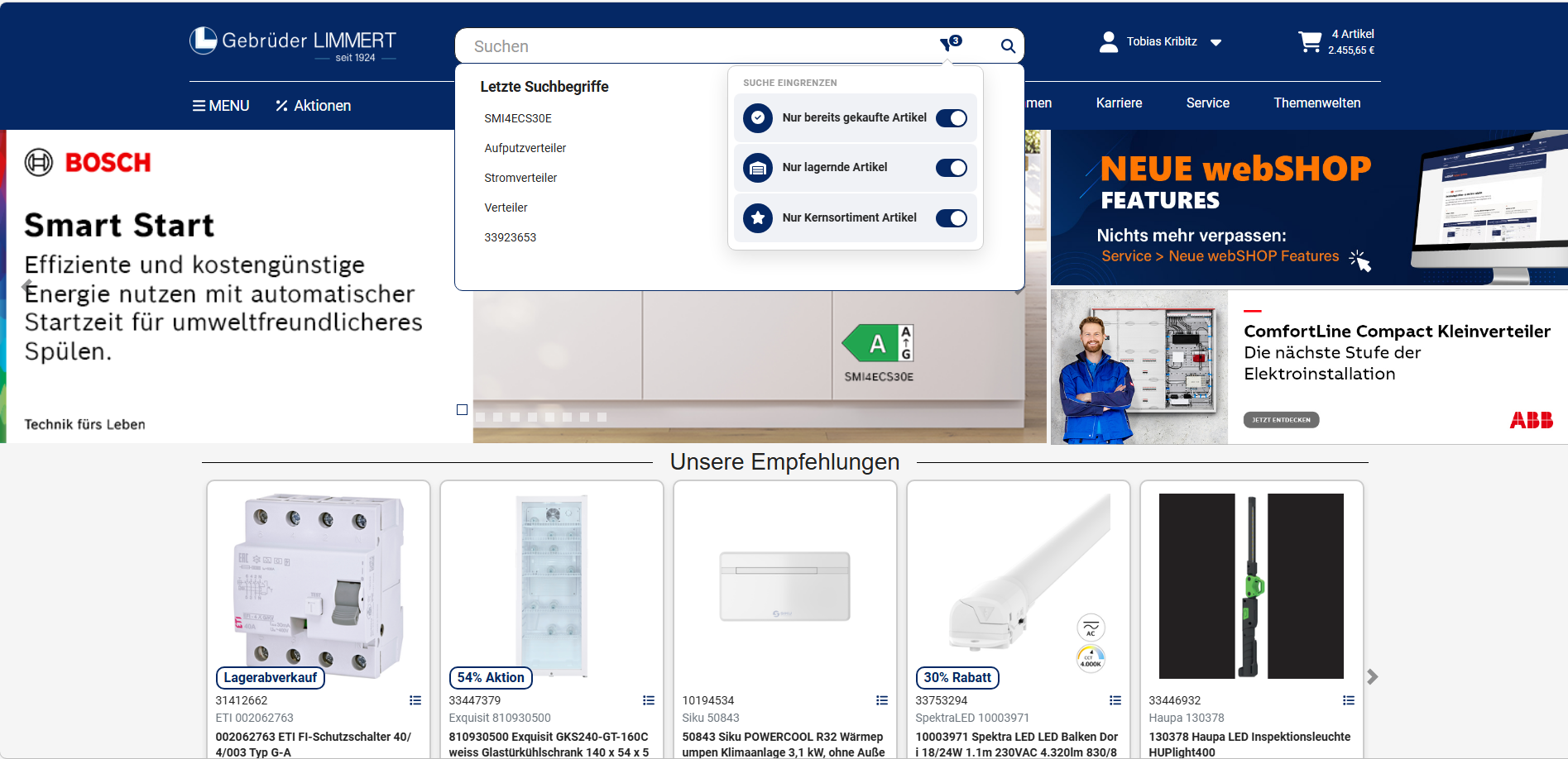 Suchleiste mit den neuen Filteroptionen